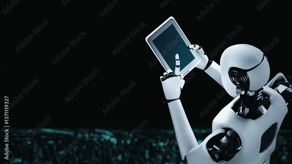 Poster futuristic robot artificial intelligence huminoid ai data analytic technology development and machin
