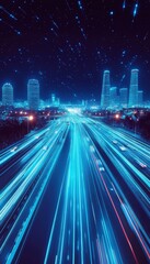 Obraz premium Nighttime highway scene featuring cars and blue neon lines in a wide angle vector illustration