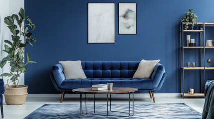 Creative compositon of modern living room interior design with glamour blue sofa, metal shelf, coffee table and elegant home accessories. Dark blue wall. Home staging. Template. Copy space.