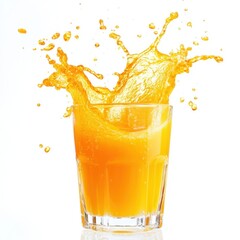 Orange juice splashing from a clear glass with vibrant droplets isolated on white background