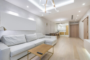 The interior of a modern studio apartment. Stylish furniture, decor in pastel colors.