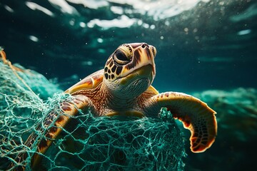 A sea turtle entangled in a fishing net, a poignant image highlighting the devastating impact of plastic pollution on marine life.  The turtle's plight is captured in the deep blue hues of the ocean.