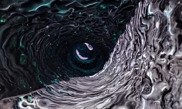 Abstract tunnel of unusual cave with deformed walls, seamless loop. Design. Fantasy concept, flying inside a scary bending endless corridor.