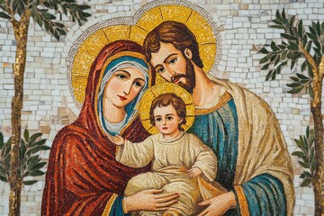 Colorful mosaic artwork depicting the Holy Family — Virgin Mary, Joseph, and baby Jesus — with golden halos and traditional garments, symbolizing love, unity, and sacred Christian devotion 