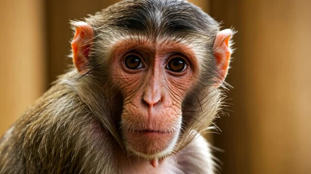 Close-up portrait of a monkey looking at the camera in natural light. Wildlife animal footage focusing on facial details, and expressive eyes. Exotic mammal clip.