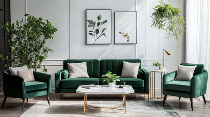 Design composition of living room interior with green velvet sofa and chair, stylish coffee table, marble table lamp, pillow, hanging flowerbed, plants and elegant accessories. Modern home decor