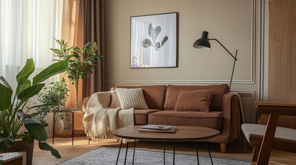 Stylish composition of living room interior with mock up poster frame, brown sofa, wooden coffee table, stylish lamp, plants, curtain, beige wall and personal accessories. Home decor. Template.