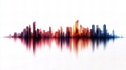 Fototapeta premium Vibrant cityscape reflected in still water, showcasing a stunning array of colors at sunrise or sunset.