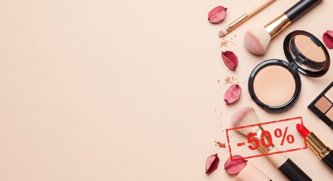 Makeup products on pastel background with discount tag
