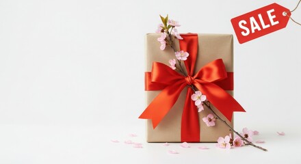 Gift box with red ribbon and cherry blossoms against white background