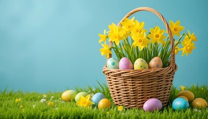 Easter basket, colorful Easter eggs, yellow daffodils, wicker basket, spring flowers, pastel colors, light blue background