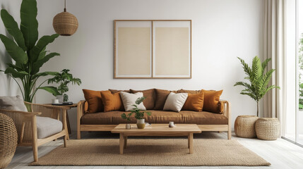 Modern interior of living room with brown wooden sofa, coffee table, plant and elegant personal accessories on the shelf in stylish home decor. Template. Copy space. 