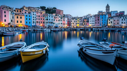 Mystic landscape of the harbor with colorful houses and the boats in Porto Venero, Italy, Liguria