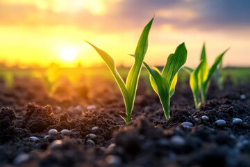 Close up of young corn and soybean sprouts against a sunset sky, perfect for text or logo placement