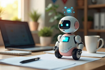 Obraz premium Cute Robot with Glowing Blue Eyes Greeting Hello Against Sunny Home Office Environment