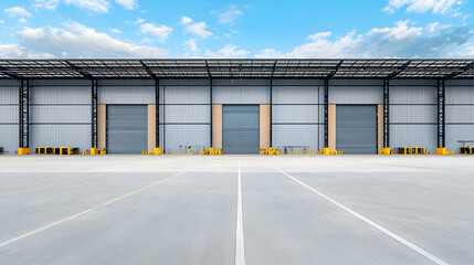 Fototapeta premium Empty Modern Warehouse Exterior With Gray Facade And Parking Lot Under Sunny Sky
