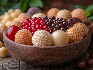 Assorted colorful candies and berries arranged beautifully in a wooden bowl