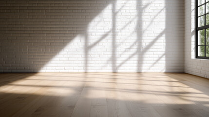 Calm, neutral empty space with rough white brick walls, wide European white oak floors, and soft afternoon sunlight creating warm reflections on the wooden surface