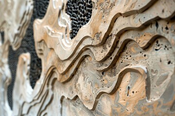 A close-up view of a textured concrete wall art piece featuring wavy patterns, Intriguing textures that add a tactile element to the artwork
