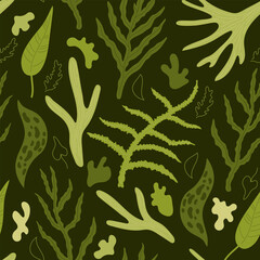 Seamless pattern of green leaves of different shapes and types, fern leaves, vector image, for textiles, wrapping paper, background image on dark green background, hand drawn.
