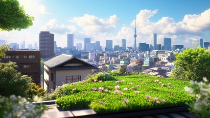 Fototapeta premium City skyline viewed from rooftop garden, sunny day.