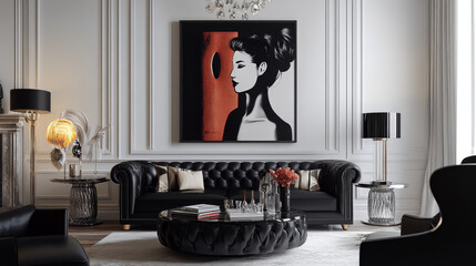 Interior design of modern living room with black stylish commode, chair, mock up art paintings, lamp, book, candlestick, decorations and elegant accessories in home decor. Template.