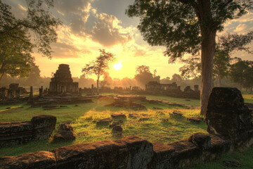 Obraz premium Ruins of ancient temple in morning in jungle inspired by Cambodia or Indonesia