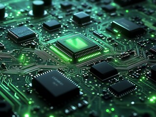 Obraz premium Detailed view of a green illuminated circuit board showing components