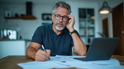 A concerned man in glasses analyzes papers while seated at a desk with a laptop, showcasing deep concentration and worry, capturing the essence of focus in a hectic work environment.
