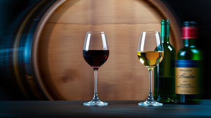 Two wine glasses and a bottle in front of wooden barrels, evoking a sense of elegance and tradition.