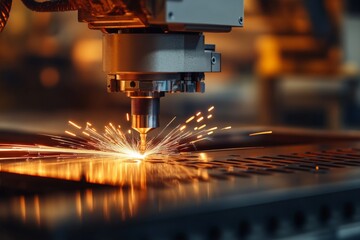 Cnc machine tool using laser beam to cut steel plate, sparks fly in modern factory workshop