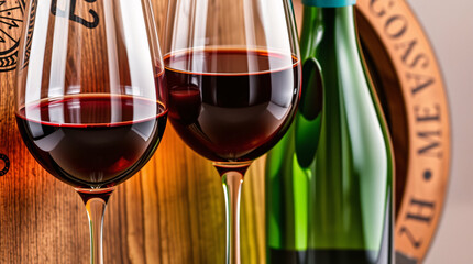 Two wine glasses and a bottle in front of wooden barrels, evoking a sense of elegance and tradition.