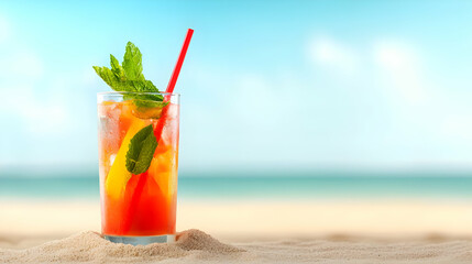 Colorful Tropical Cocktail On Sandy Beach