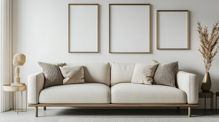 Creative composition of modern living room interior with mock up poster frames, beige sofa, side table and stylish small personal accessories on metal shelf. Copy space. Template. 