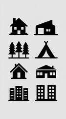 Fototapeta premium Icon set featuring various black housing and accommodation symbols including single family homes cabins tent forest and apartment buildings for real estate camping and travel design use