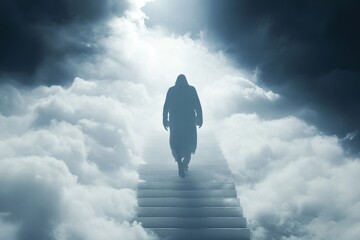Majestic jesus ascending white stairs among clouds toward heaven in a dramatic misty atmosphere