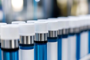 Macro photography of white and blue water filter cylinders with silver necks in laboratory setting