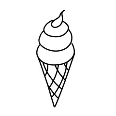 A black and white outline of an ice cream cone with a scoop on top, representing dessert and summer treats.