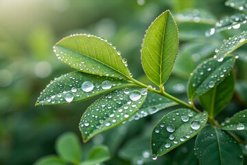 Fresh green leaves covered in glistening water droplets after rainfall, captured in a close-up macro shot,Close-up of a single water droplet glistening on the edge of a vibrant green leaf,Clean .