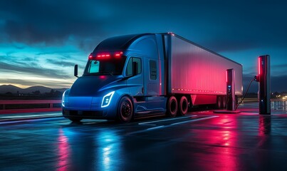 Electric Semi Truck Charging at Night