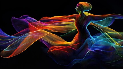 Colorful abstract figure flowing in dark space.