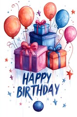 Colorful birthday celebration design featuring presents and balloons on a bright white background with ample copy space for messages