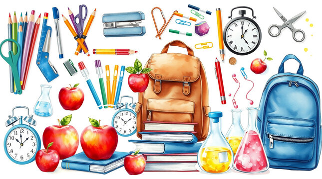 School supplies on white background.
