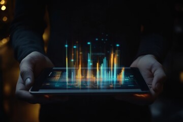 Businessman and businesswoman analyzing stock market data with advanced holographic technology