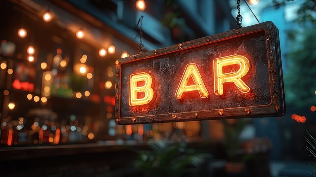 Neon bar sign in urban setting