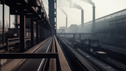 Naklejka premium Grand wide-angle shot showcasing multiple layers of industrial conveyor belts feeding giant rotating mixers, with massive kilns standing tall in the distance amid industrial fumes