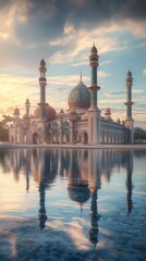 Naklejka premium Ornate mosque reflected in calm water at sunset.