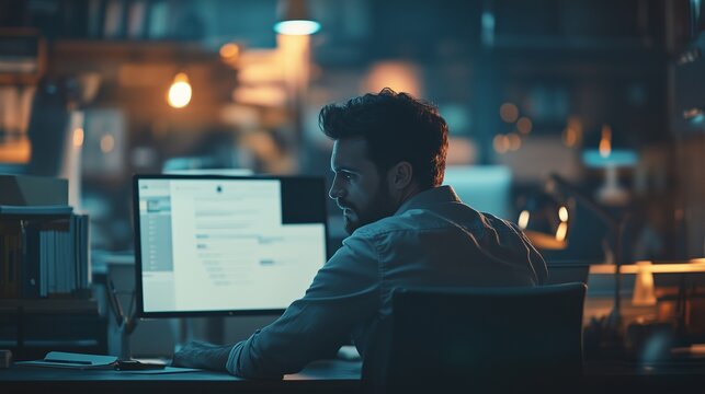 Man sitting at desk with a computer. Engagement digital social. Media interactive workspace manager. A person at a desk lifestyle using a computer.