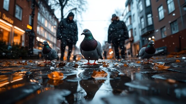 Several pigeons walk leisurely on a cobblestone street, showcasing the vibrant autumn colors while surrounded by people, depicting the lively essence of urban life.