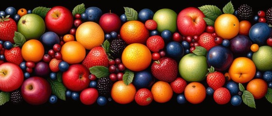 Obraz premium A vibrant medley of colorful fruits like apples, berries, oranges, & strawberries on a black background